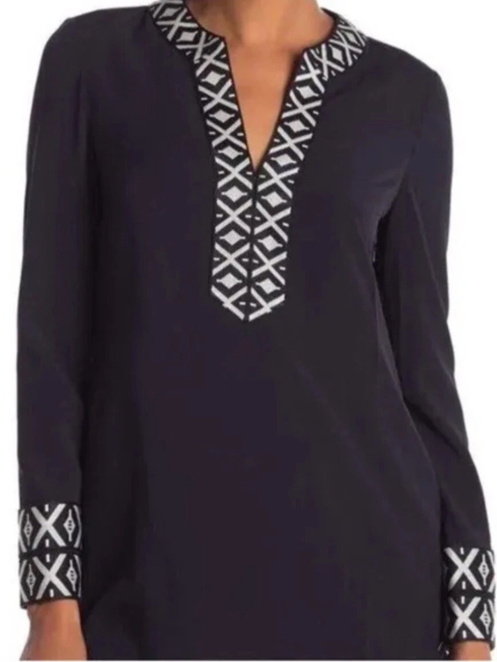 Tory Burch tunic, specifically the "Ariana" style in navy blue, geometric trim